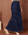 Solid Blue Denim Mermaid Cut Maxi Skirts