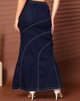 Solid Blue Denim Mermaid Cut Maxi Skirts