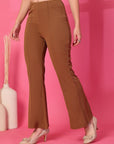 Brown Solid Pleated Trousers
