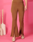 Brown Solid Pleated Trouser