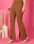 Brown Solid Pleated Trouser