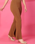 Brown Solid Pleated Trouser