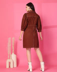 Brown Solid Shirt Collared mini dress