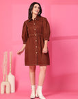 Brown Solid Shirt Collared mini dress