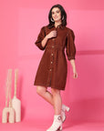Brown Solid Shirt Collared mini dress