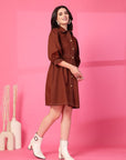 Brown Solid Shirt Collared mini dress