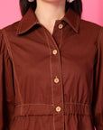 Brown Solid Shirt Collared mini dress