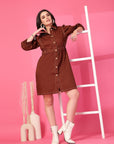 Brown Solid Shirt Collared mini dress