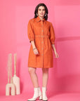 Orange Solid Shirt Collared mini dress