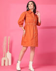 Orange Solid Shirt Collared mini dress
