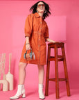 Orange Solid Shirt Collared mini dress