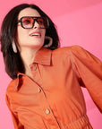 Orange Solid Shirt Collared mini dress