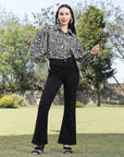 Black Spread Collar Animal Printed Casual Buttoned Top