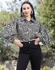 Black Spread Collar Animal Printed Casual Buttoned Top