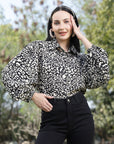 Black Spread Collar Animal Printed Casual Buttoned Top