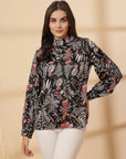 Brown Floral Print Shirt Style Top