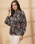Brown Floral Print Shirt Style Top