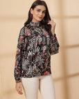 Brown Floral Print Shirt Style Top