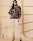 Brown Floral Print Shirt Style Top