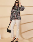 Brown Floral Print Shirt Style Top