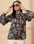 Brown Floral Print Shirt Style Top