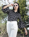 Black Spread Collar Animal Printed Casual Buttoned Top