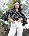 Black Spread Collar Animal Printed Casual Buttoned Top