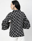 Black Spread Collar Animal Printed Casual Buttoned Top