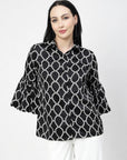 Black Spread Collar Animal Printed Casual Buttoned Top