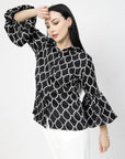 Black Spread Collar Animal Printed Casual Buttoned Top