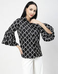Black Spread Collar Animal Printed Casual Buttoned Top