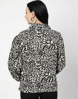 Black Spread Collar Animal Printed Casual Buttoned Top