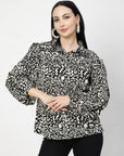 Black Spread Collar Animal Printed Casual Buttoned Top