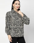 Black Spread Collar Animal Printed Casual Buttoned Top