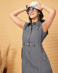 Grey Solid Shirt Collar Dress