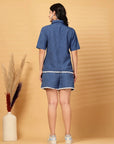Navy Blue Solid Cotton Shirt With Shorts Co-Ords Set