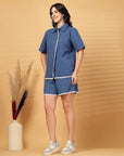 Navy Blue Solid Cotton Shirt With Shorts Co-Ords Set