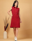 Red Solid Shirt Collar Dress