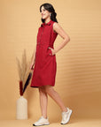 Red Solid Shirt Collar Dress