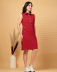 Red Solid Shirt Collar Dress