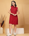 Red Solid Shirt Collar Dress