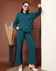 Solid Teal Pure Cotton Shirt With Trousers Co-Ords Sets