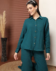 Solid Teal Pure Cotton Shirt With Trousers Co-Ords Sets