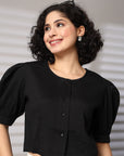 Black collarless Buttoned Top