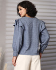 Blue solid opaque Casual Buttoned Top