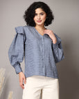 Blue solid opaque Casual Buttoned Top