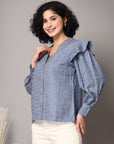 Blue solid opaque Casual Buttoned Top