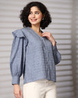 Blue solid opaque Casual Buttoned Top