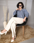 Blue solid opaque Casual Buttoned Top