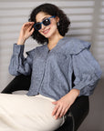 Blue solid opaque Casual Buttoned Top